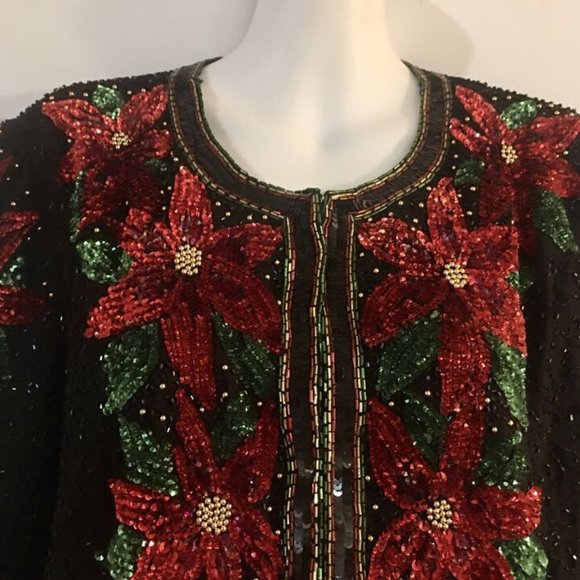 Laurence Kazar Sequin Beaded Embellished Christmas Poinsettia Cardigan Jacket L - Picture 8 of 8
